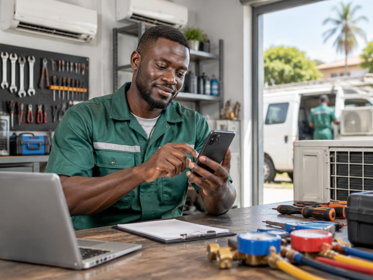 Ghanaian technician scheduling work on his phone